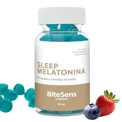 Imagen de BITESENS Gominolas para Dormir con Melatonina y Vitamina B6 Adultos Niños. Sin Azúcar, Gluten Lactosa. 60 Gummies. 180 G