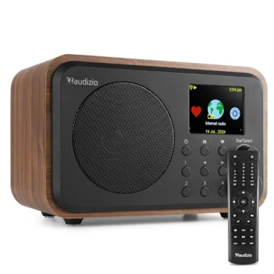 Imagen de Audizio Vicenza Radio Internet WiFi con Batería, de Cocina, Dab+ y FM, Bluetooth 5.0, Pantalla TFT a Color 2.4 Pulgadas, Batería 10 Horas Duración, Cable Carga USB Negro/Madera
