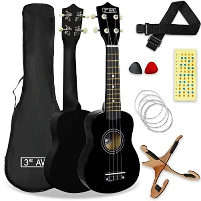 Imagen de 3rd Avenue Pack de ukulele soprano para principiantes 21 pulgadas Con funda, soporte, correa, cuerdas, púas y marcadores adhesivos el diapasón Negro