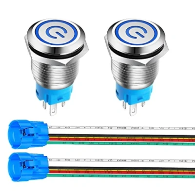 Imagen de Gebildet 16mm 3V 5V 6V 7.5V 9V/3A Enclavamiento Pulsador de Botón Interruptores Acero Inoxidable, Impermeable ON/OFF LED 1NO1NC SPDT con enchufe cable(LED Azul)