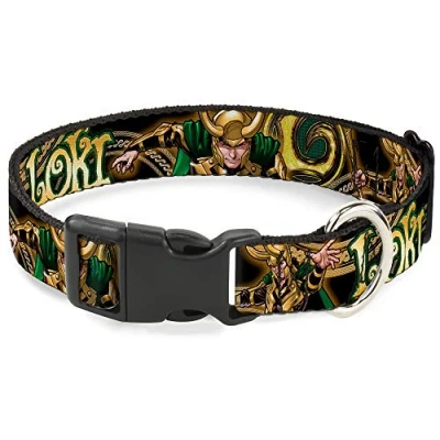 Imagen de Collar de plástico para perro con cierre hebilla, color negro, dorado y verde, disponible en tamaños ajustables perros pequeños, medianos grandes