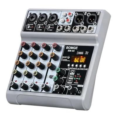 Imagen de BOMGE Mezclador de audio, consola mezcla placa sonido con 5 canales digitales USB Bluetooth Echo Delay, mezcladores DJ estéreo Phantom Power 48 V para grabación, transmisión en vivo,