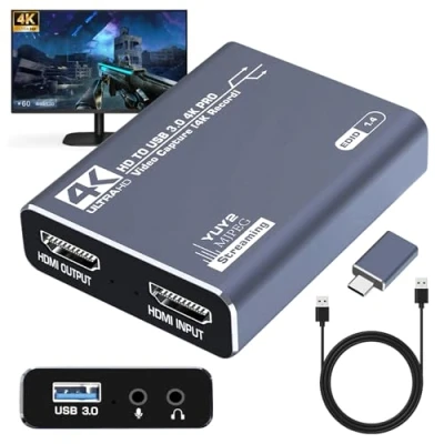 Imagen de GOMETY Video Capture Card 4K HDMI a USB 3.0, 1080P 60Hz Game Audio Grabber High Speed Loop Out, Tarjeta de grabación vídeo para PS4/PC/OBS/cámara/Streaming/Teaching/Conference