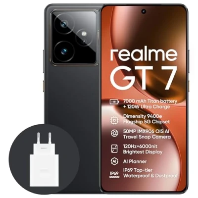 Imagen de realme GT7 5G Smartphone,12+256GB, Batería de 7000 mAh,Carga 120W,Procesador Dimensity9400e,IMX906 50MP Cámara,AI Planner,Pantalla Pro Esports 6000 nits120Hz,IP69,Negro,Exclusivo Amazon