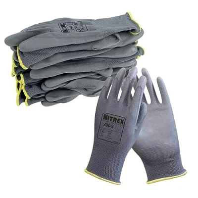 Imagen de NITREX guantes de trabajo y seguridad 290 g, 10 pares manejo general negros con revestimiento palma poliuretano, talla 9, grande
