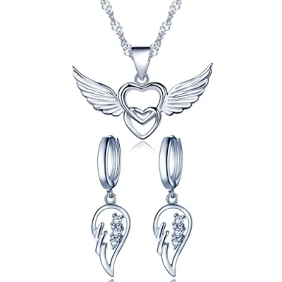 Imagen de Juegos de joyas Set Yumilok plata ley 925 y circonitas, cadena con colgante dos corazones pendientes alas ángel, para mujer