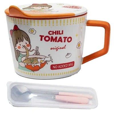 Imagen de lachineuse Cuenco de fideos instantáneos Ramen japonés y chinos con cubiertos tapa para desayuno, sopa, arroz Idea regalo asiático Japón China, Copa Noodles