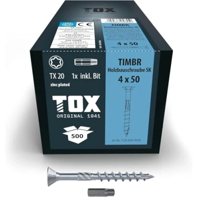 Imagen de TOX tornillos para construcción de madera TIMBR SK 4,0 x 50 mm, azul galvanizado con cabeza avellanada, TX20, 500 unidades en caja, incl. 1x broca, 112040414050