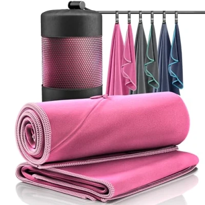 Imagen de Juego de Toallas Microfibra + Funda Transporte Set 2 Azules: Grande para baño, pequeño Cuerpo y Cara Ultra Ligeras, absorbentes, Secado rápido Deporte Viaje Playa Gimnasio