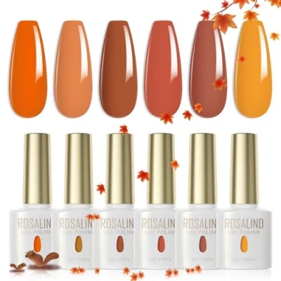 Imagen de ROSALIND Esmaltes Semipermanentes Anaranjado Marrón Amarillo 6 Colores Kit Pintauñas Uñas de Gel UV LED en Nail Polish Esmalte Otoño