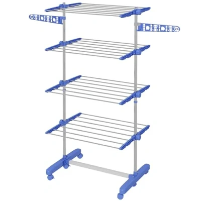 Imagen de HOMCOM Tendedero Vertical Plegable de Ropa con 6 Ruedas 2 Laterales Abatibles Estantes Ajustables y Marco Acero Inoxidable para Interior Exterior Azul