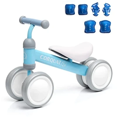 Imagen de CORQUAT Pack correpasillos Bebe 1 año con Rodilleras y Coderas, Juguetes niños, Triciclo, Bicicleta sin Pedales, Andador Perfecto para Regalo (Celeste)