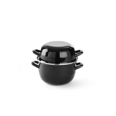 Imagen de HENDI Cazuela con tapa, olla, para cocinar y servir mejillones, salsas, sólo apta cocinas de gas, 1 kg, 2.3 L, diámetro 200x(h)190 mm, acabado esmaltado negro reborde acero inoxidable