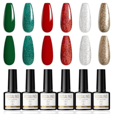 Imagen de ROSALIND Pintauñas Semipermanentes, 6 Colores Esmaltes Semipermanentes Para Uñas Rojo Verde Dorado Plata Glitter Gel Nail Polish Soak Off UV/LED, Christmas Art DIY, 8ml