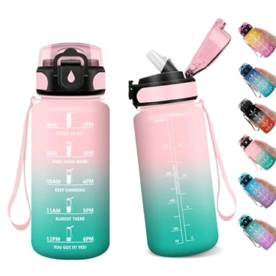 Imagen de Botella Agua Deportiva 500ml, Niño con Pajita, Marca de Tiempo, Reutilizable, Deporte, para Running, Gimnasio, Cámping, Gym, Sport, Yoga