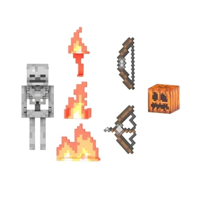Imagen de Mattel Minecraft Serie de Diamante Esqueleto, Figura acción con Arco, Flecha, Casco Calabaza y 3 Piezas Llamas, diseño pixelado, Juguete Regalo para niños niñas +6 años, HTM06