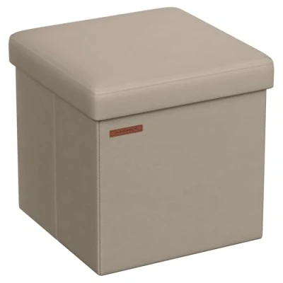 Imagen de SONGMICS Puff Almacenaje de 38 cm, Banco Almacenamiento Plegable con Tapa, Reposapiés, Cuero Sintético, Carga 300 kg, para Entrada, Sala Estar, Dormitorio, Marrón Camello LSF010K03