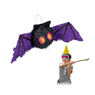 Imagen de Relaxdays Piñata Murciélago, para Colgar, Fiestas Cumpleaños Niñas, Animal, Rellenable, Papel, Negro y Morado, Color, Rosa, 1 Unidad (10031485)
