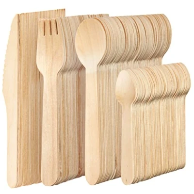 Imagen de MATANA 200 Cubiertos de Madera Cucharas, Cuchillos y Tenedores Desechable, Ecológicos Biodegradables 100% Natural