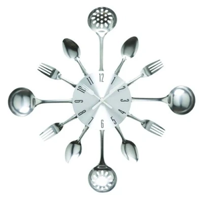 Imagen de Reloj de Cocina Efecto Espejo con diseño Cuchara, Tenedor, cubertería, Adhesivo Extraible en 3D para decoración del hogar (Plateado)