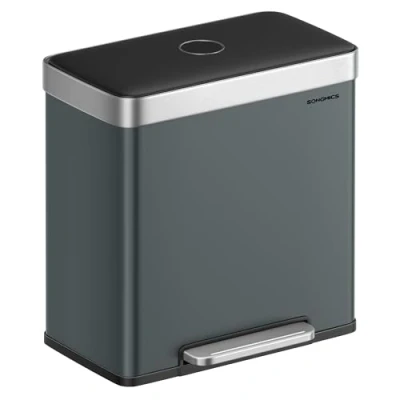 Imagen de SONGMICS Cubo de Basura Doble, 2 x 30 L, Acero Inoxidable, con 15 Bolsas Basura, Cubos Interiores Plástico, Tapa Bisagra, Cierre Suave, 58.2 36.5 60.5 cm, Gris Verdoso LTB202G01