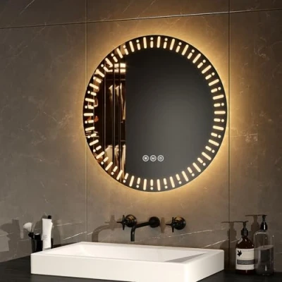 Imagen de EMKE Espejo Redondo baño LED retroiluminado, diámetro 50 cm, con antivaho+Interruptor táctil+3 Colores de luz Variable, Decorativo Moda,Espejo