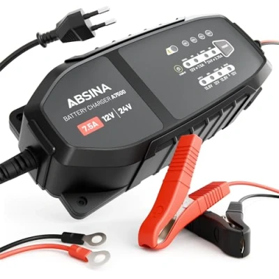 Imagen de ABSINA Cargador baterias Coche 12V &amp; 24V 7,5 A para Baterías de Plomo hasta 240Ah 12,8V Litio bateria Moto Coche, Autocaravana, Camión y Más Batería
