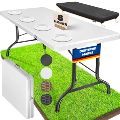 Imagen de KESSER® Mesa Plegable de plástico 183 x 76 cm Camping Fiesta jardín para jardín, terraza y balcón 6 Personas Incluye asa, Blanco