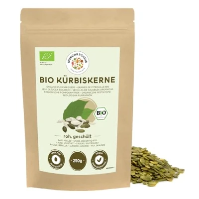 Imagen de semillas de calabaza bio 250g Munchilycious, crudas y peladas para comer, snacks nueces, keto, aderezo perfecto cereales, granola o gachas desayuno