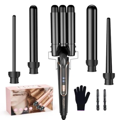 Imagen de BESTOPE PRO Rizador de pelo con 3 barriles hierro ondulado 5 en 1, juego para ondas grandes, ajuste temperatura, calentamiento rápido y un guante, 2 clips, color negro