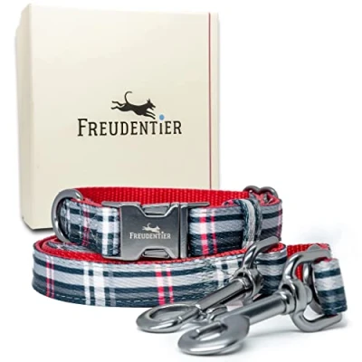 Imagen de FREUDENTIER® Collar y Correa para Perros en Elegante Set Incluye Caja de Regalo Colección Edinburgh Resistente al Invierno fácil Limpiar (37 58cm, Negro/Rojo)