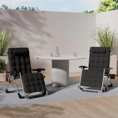 Imagen de KESSER® Tumbona Plegable y Resistente Silla de Jardín, Capacidad 200 kg, Acolchado Ergonómico Extra Ancho, Respaldo Ajustable, Almohada para el Cuello Portavasos