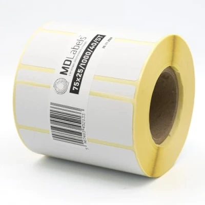 Imagen de MD Labels etiquetas térmicas blancas en rollo de adhesivo permanente, para código barras, adhesivas escribir (tamaño: 75 x 25 mm)