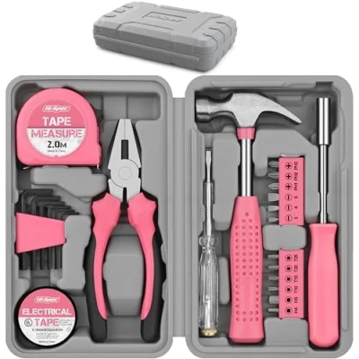 Imagen de Hi Spec Caja de Herramientas 24 Piezas Rosa. Juego Esenciales para Bricolaje, Reparacion, Mantemiento, y Manualidades en el Hogar Oficina. Con Maletin Transporte