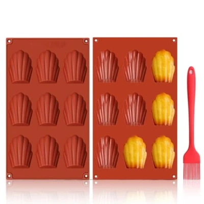Imagen de GlasFlength Molde Madeleine Silicona, 2 Piezas 9 Cavidades Moldes de Silicona para Madeleines con Cepillo Galletas Chocolate Caramelo Puddin（Rojo Ladrillo）