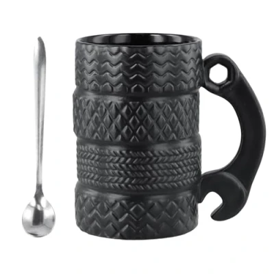 Imagen de Volumoon Taza de Neumáticos para Coche, Coche 3D Genial, Cerámica Creativa con Cuchara, Gran Capacidad Hombres, Amantes Los Coches, Conductor Mecánico 500 ML