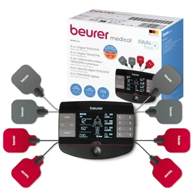 Imagen de Beurer EM 89 Electroestimulador TENS/EMS con función de calor, 4 en 1 para el tratamiento del dolor, masaje y termoterapia, canales ajustables por separado, 8 electrodos batería