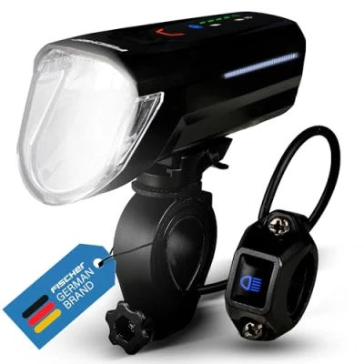 Imagen de FISCHER Luz LED Delantera para Bicicleta, 100 Lux, con Modo de Sensor, Carcasa Resistente a Salpicaduras, fácil Montaje, Color Negro