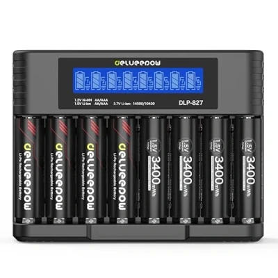 Imagen de Delyeepow Cargador de batería con AA 3400 mWH, 8 Unidades, Recargable Litio 1,5 V, Pilas Recargables, Alta Capacidad, 1500 ciclos