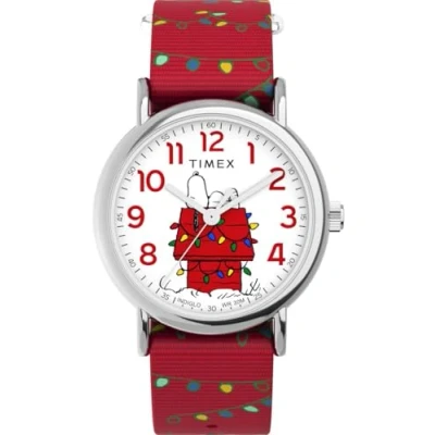 Imagen de Timex Peanuts Reloj para Mujer de 38 mm, Correa Deslizante en Tela roja, Esfera Blanca, Caja Tono Plateado TW2W80800