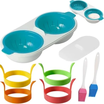 Imagen de 7 Piezas Hervidor de Huevos Doble Taza Set, Cocedor para Microondas con Brocha Aceite, Fabricante Tortillas, Cocinar Azul in PP, Vaporera Hornos, Desayuno