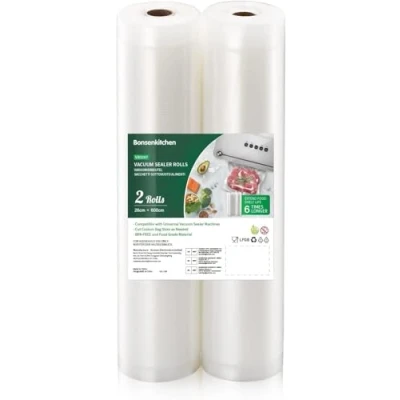 Imagen de Bonsenkitchen Rollos al Vacio para Envasadora Vacío, 2 28 x 600cm Bolsas de Gofradas Conservación Alimentos y Sous Vide Cocina &amp; Boilable, BPA Free, VB3207