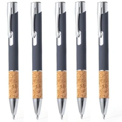 Imagen de noTrash2003 10 bolígrafos ergonómicos de aluminio recubierto goma, punta metal y zona agarre corcho función táctil, 5 colores, lápiz óptico, bolígrafo retráctil, multicolor, escritura a