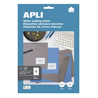 Imagen de APLI 12921 Etiquetas blancas permanentes adhesivas imprimibles, Inkjet Laser Copy, tamaño etiqueta 105 x 74 mm, cantos rectos, pack de 10 hojas A4 ( 80 etiquetas) , ideal para sobres y paquetes