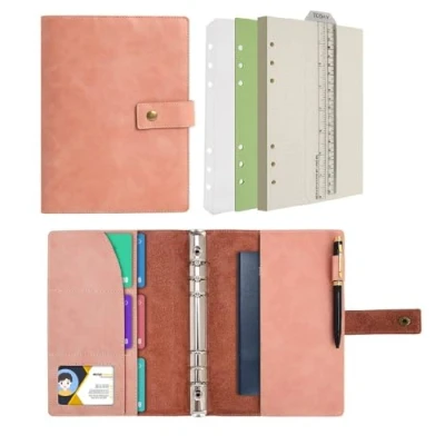 Imagen de Wonderpool Carpetas Diario de cuero Cuaderno recargable en espiral Papel cuadrícula puntos y bolsillos interiores real para viajes escolares Trabajo (Rosa, A5)