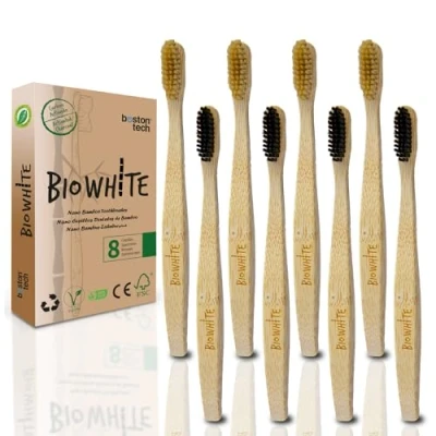 Imagen de BioWhite Cepillos de Dientes Bambú. 8 con Cerdas Suaves y Orgánicas sin BPA. Natural, Ecológico, Biodegradables Compostables. Para toda la familia.