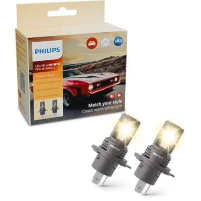 Imagen de Philips Ultinon Classic lámpara LED para faros de coche (H4/H19), luz blanca cálida 3.500K, color halógena, 80% más brillo, fácil ajuste, juego 2
