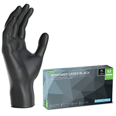 Imagen de ARNOMED guantes latex talla M, de negros, sin polvo, 100 uds/caja, tallas S, L y XL desechables, negros latex, desechables