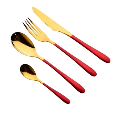 Imagen de BERGNER Lisboa Juego de Cubiertos Acero Inoxidable Set 16 Piezas Color Rojo y Dorado Mangos Ergonómicos Fáciles Lavar Acabado Metalizado