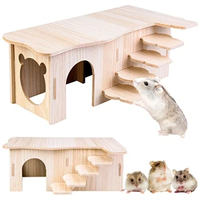 Imagen de Vegena casa de hámster esquina, madera con escaleras, para hámster, jaula, accesorio jerbos, degus, ratones espinosos, hámsters enanos (27 x 15